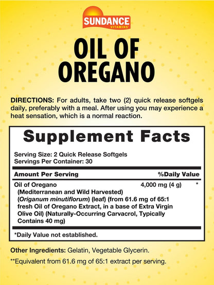 Sundance Oregano-Öl Softgels | 60 Kapseln | Natürliches traditionelles Kräuterergänzungsmittel | Nicht-GVO und glutenfrei