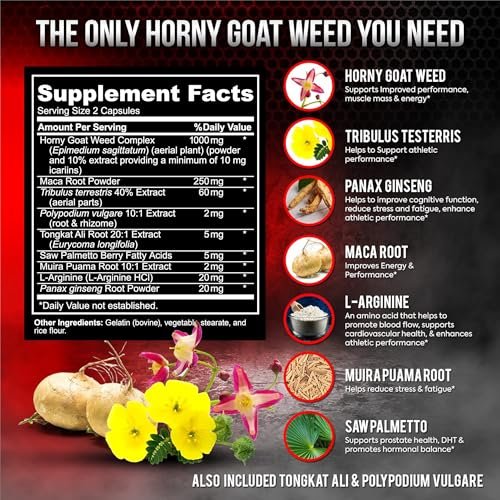 Super Strength Horny Goat Weed 120 Kapseln mit Maca, Arginin & Ginseng – Steigern Sie auf natürliche Weise Ihre Gesundheit, Trainingsleistung, Ausdauer und Energie, Gelenkgesundheit für Männer und Frauen (120 Kapseln)