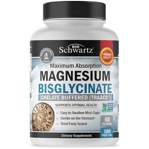 BioSchwartz Magnesium Bisglycinat Chelat Komplex – Hochabsorbierendes Magnesiumglycinat für Frauen und Männer – Unterstützt Schlaf, Muskeln, Knochen & Gelenke – Non-GMO, nicht abführend – 180 Kapseln