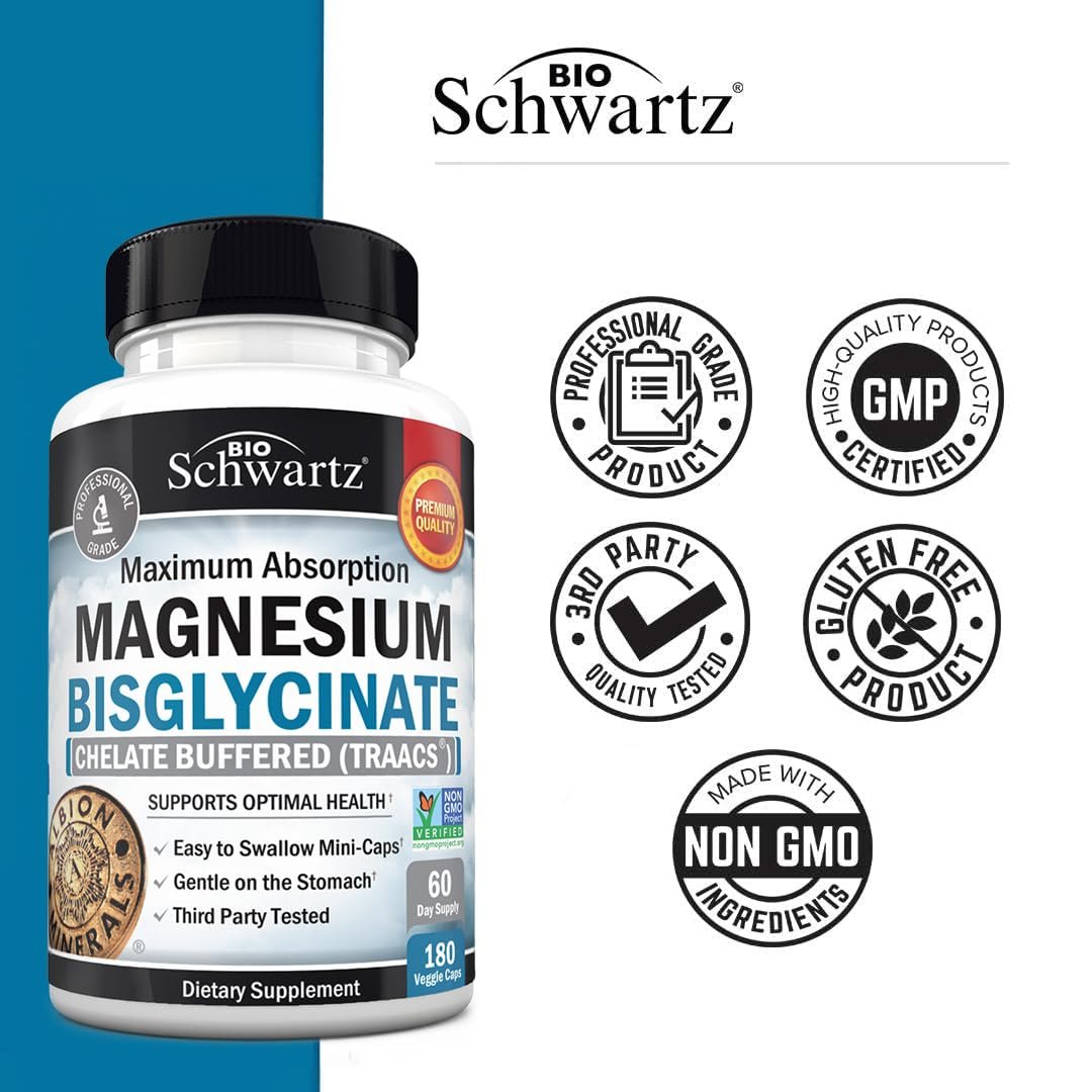 BioSchwartz Magnesium Bisglycinat Chelat Komplex – Hochabsorbierendes Magnesiumglycinat für Frauen und Männer – Unterstützt Schlaf, Muskeln, Knochen & Gelenke – Non-GMO, nicht abführend – 180 Kapseln