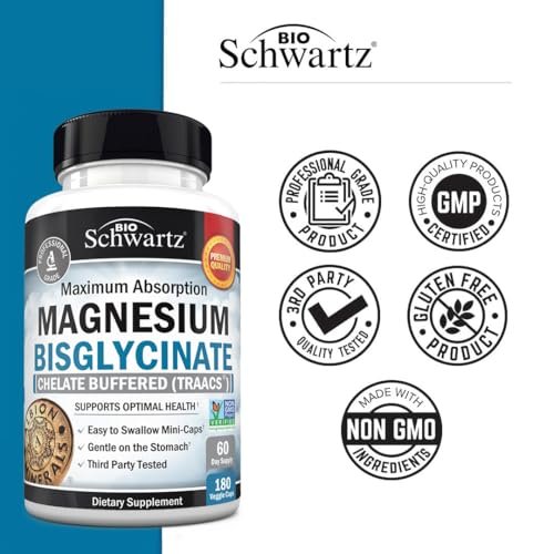 BioSchwartz Magnesium Bisglycinat Chelat Komplex – Hochabsorbierendes Magnesiumglycinat für Frauen und Männer – Unterstützt Schlaf, Muskeln, Knochen & Gelenke – Non-GMO, nicht abführend – 180 Kapseln