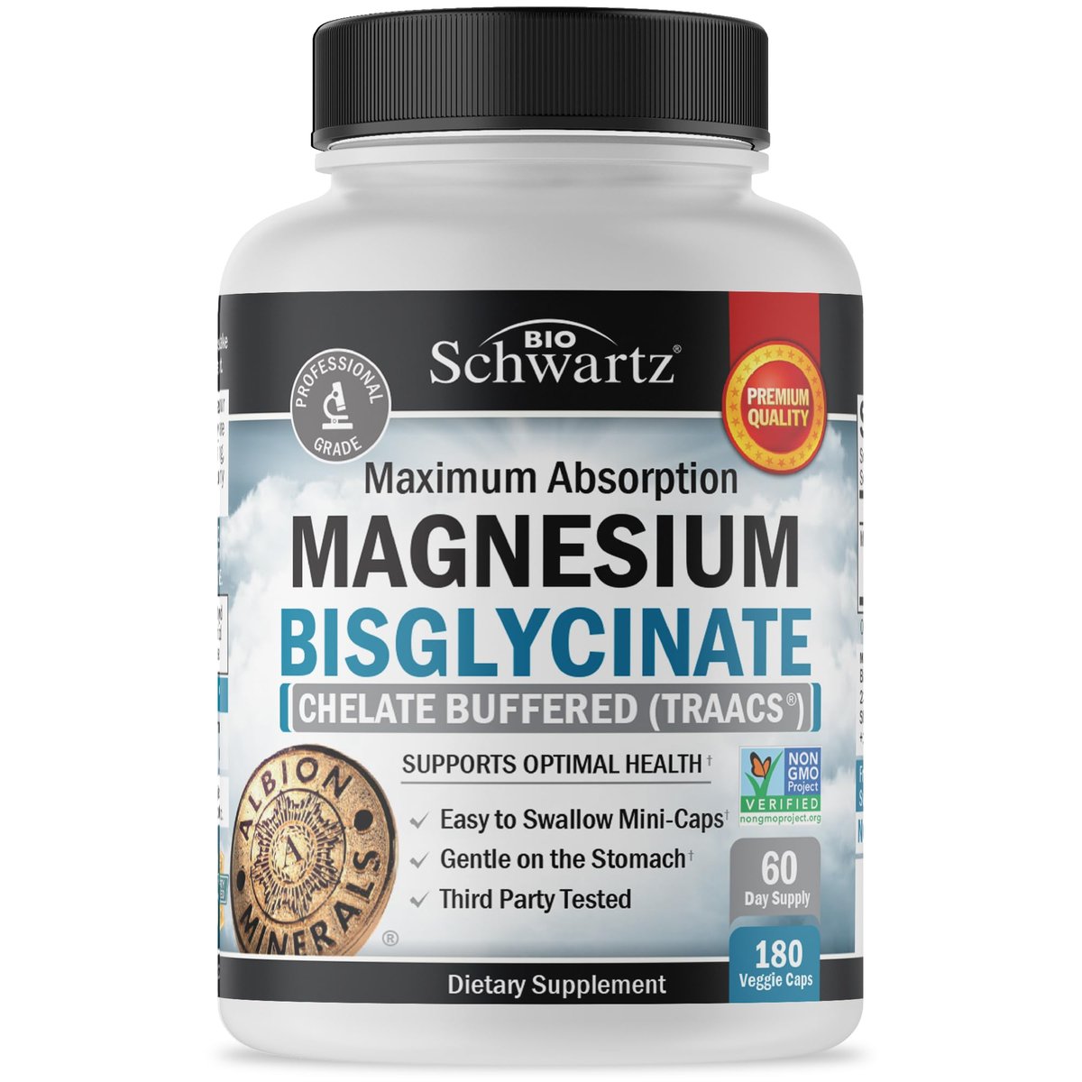 BioSchwartz Magnesium Bisglycinat Chelat Komplex – Hochabsorbierendes Magnesiumglycinat für Frauen und Männer – Unterstützt Schlaf, Muskeln, Knochen & Gelenke – Non-GMO, nicht abführend – 180 Kapseln
