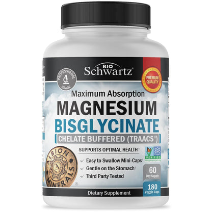BioSchwartz Magnesium Bisglycinat Chelat Komplex – Hochabsorbierendes Magnesiumglycinat für Frauen und Männer – Unterstützt Schlaf, Muskeln, Knochen & Gelenke – Non-GMO, nicht abführend – 180 Kapseln