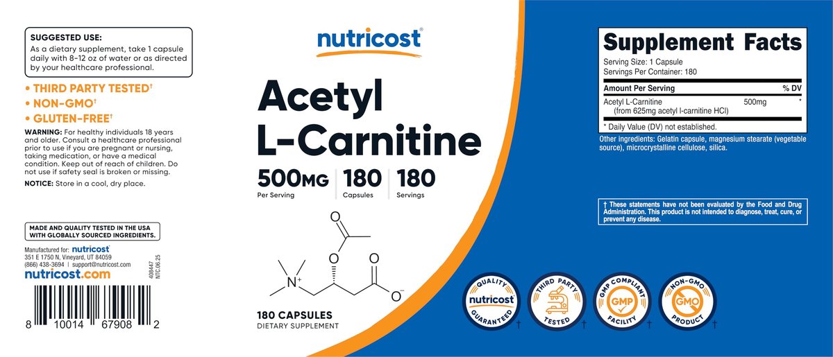 Nutricost Acetyl-L-Carnitin (ALCAR) 500mg – 180 Kapseln, 180 Portionen, Non-GMO & Glutenfrei