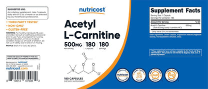 Nutricost Acetyl-L-Carnitin (ALCAR) 500mg – 180 Kapseln, 180 Portionen, Non-GMO & Glutenfrei