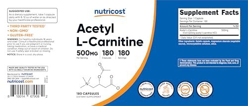 Nutricost Acetyl-L-Carnitin (ALCAR) 500mg – 180 Kapseln, 180 Portionen, Non-GMO & Glutenfrei