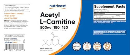 Nutricost Acetyl-L-Carnitin (ALCAR) 500mg – 180 Kapseln, 180 Portionen, Non-GMO & Glutenfrei