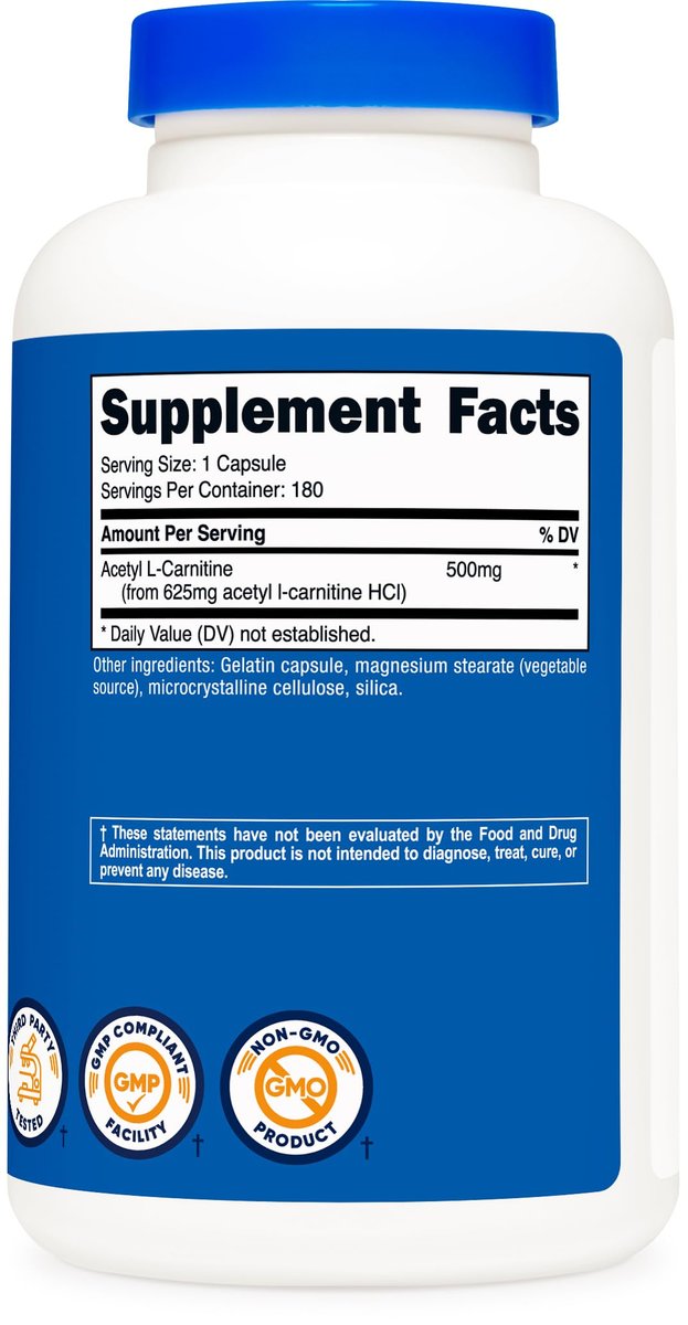 Nutricost Acetyl-L-Carnitin (ALCAR) 500mg – 180 Kapseln, 180 Portionen, Non-GMO & Glutenfrei