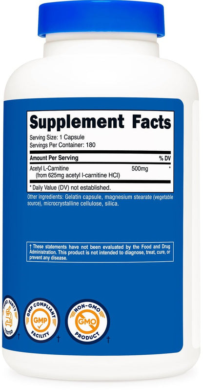 Nutricost Acetyl-L-Carnitin (ALCAR) 500mg – 180 Kapseln, 180 Portionen, Non-GMO & Glutenfrei