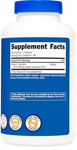 Nutricost Acetyl-L-Carnitin (ALCAR) 500mg – 180 Kapseln, 180 Portionen, Non-GMO & Glutenfrei