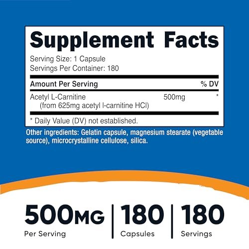 Nutricost Acetyl-L-Carnitin (ALCAR) 500mg – 180 Kapseln, 180 Portionen, Non-GMO & Glutenfrei