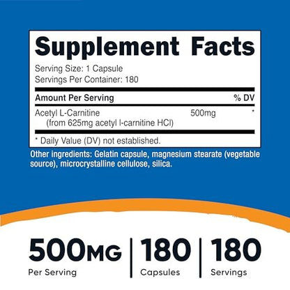 Nutricost Acetyl-L-Carnitin (ALCAR) 500mg – 180 Kapseln, 180 Portionen, Non-GMO & Glutenfrei