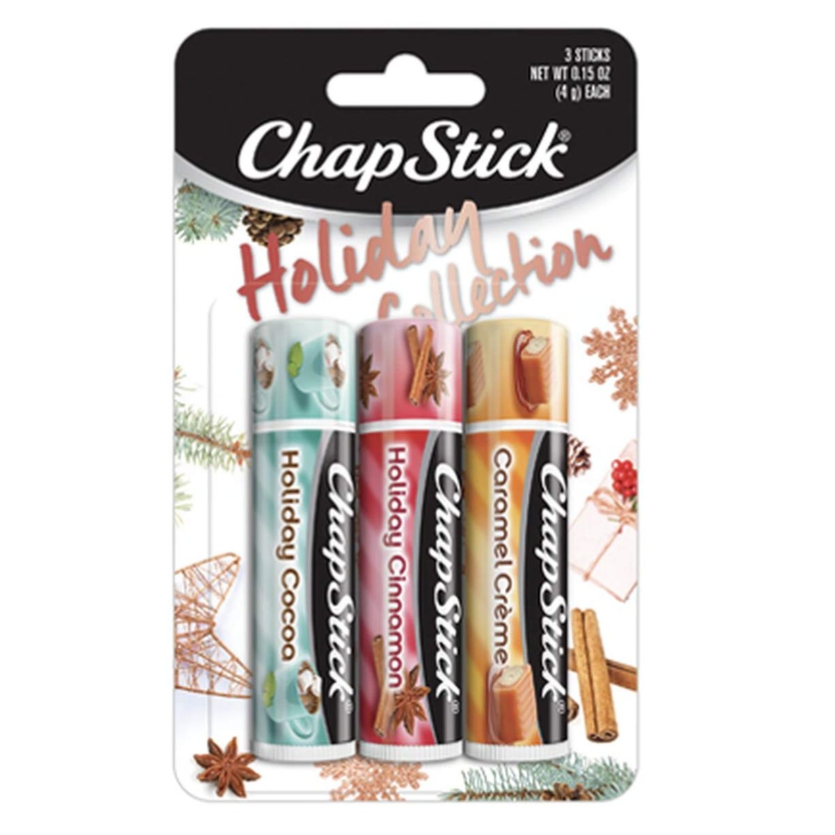 ChapStick Weihnachtskollektion 2017 – 3er-Pack: Holiday Cinnamon, Caramel Creme & Holiday Cocoa – 0,15 oz pro Stück