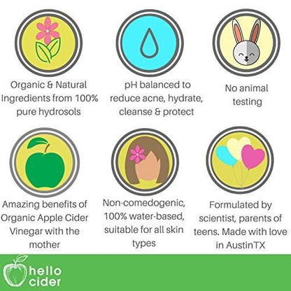Tea Tree Witch Hazel Gesichtswasser - Bio-Hydrolat, adstringierender Gesichtsspray - Reduziert Unreinheiten, beugt Akne vor, stellt pH-Wert wieder her, tonisiert. Für alle Hauttypen. USA Familienunternehmen - Hello Cider