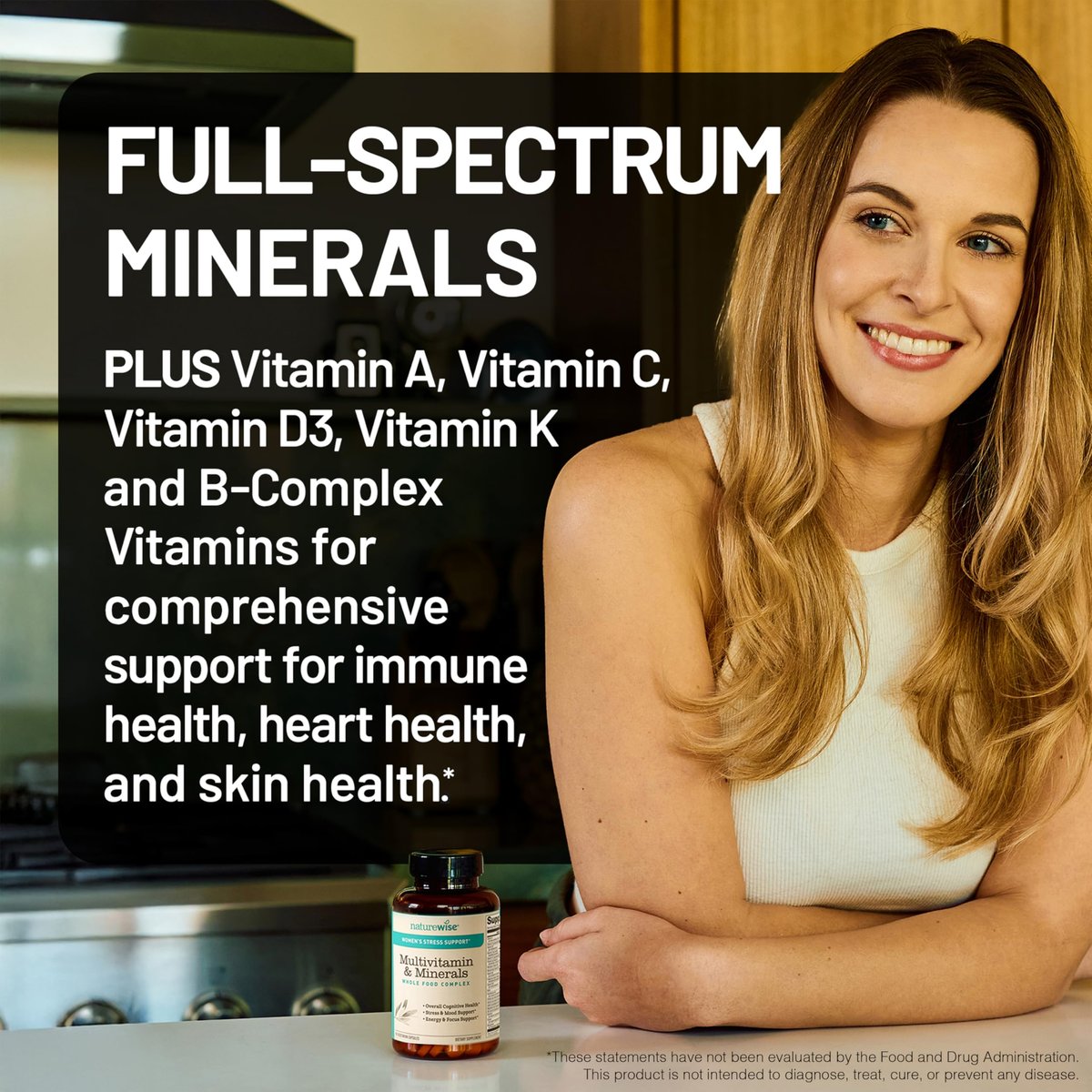 NatureWise Multivitamin für Frauen + Stressunterstützung mit Bio-Vollwertkost & natürlichen Mineralien - B-Komplex + Vitamin C + D3 K2 für Immunität, Haare, Haut & Nägel - Non-GMO - 60 Kapseln (30-Tage-Vorrat)