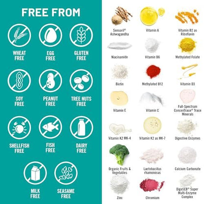 NatureWise Multivitamin für Frauen + Stressunterstützung mit Bio-Vollwertkost & natürlichen Mineralien - B-Komplex + Vitamin C + D3 K2 für Immunität, Haare, Haut & Nägel - Non-GMO - 60 Kapseln (30-Tage-Vorrat)