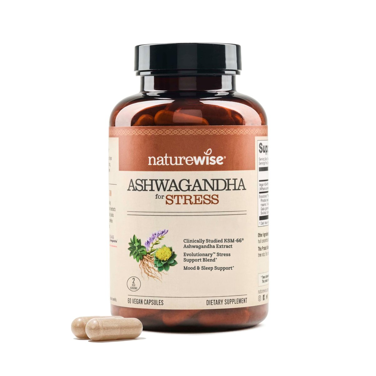 NatureWise Ashwagandha gegen Stress - Mit KSM-66 Extrakt, GABA, L-Theanin, Rhodiola Rosea - Pflanzliche Stimmungs- & Schlafunterstützung - Vegan, Nicht-GVO, Glutenfrei - 60 Kapseln [1-Monatsvorrat]