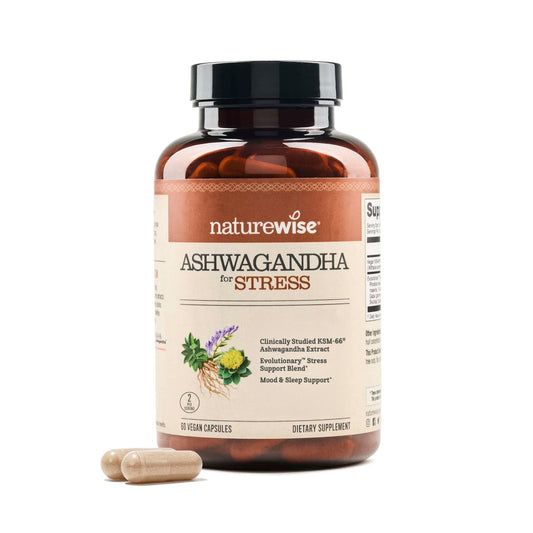 NatureWise Ashwagandha gegen Stress - Mit KSM-66 Extrakt, GABA, L-Theanin, Rhodiola Rosea - Pflanzliche Stimmungs- & Schlafunterstützung - Vegan, Nicht-GVO, Glutenfrei - 60 Kapseln [1-Monatsvorrat]