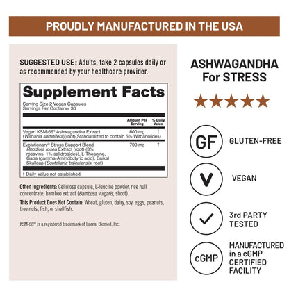 NatureWise Ashwagandha gegen Stress - Mit KSM-66 Extrakt, GABA, L-Theanin, Rhodiola Rosea - Pflanzliche Stimmungs- & Schlafunterstützung - Vegan, Nicht-GVO, Glutenfrei - 60 Kapseln [1-Monatsvorrat]