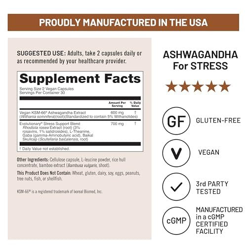 NatureWise Ashwagandha gegen Stress - Mit KSM-66 Extrakt, GABA, L-Theanin, Rhodiola Rosea - Pflanzliche Stimmungs- & Schlafunterstützung - Vegan, Nicht-GVO, Glutenfrei - 60 Kapseln [1-Monatsvorrat]