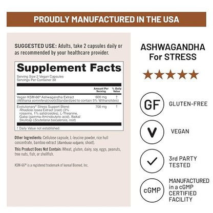 NatureWise Ashwagandha gegen Stress - Mit KSM-66 Extrakt, GABA, L-Theanin, Rhodiola Rosea - Pflanzliche Stimmungs- & Schlafunterstützung - Vegan, Nicht-GVO, Glutenfrei - 60 Kapseln [1-Monatsvorrat]