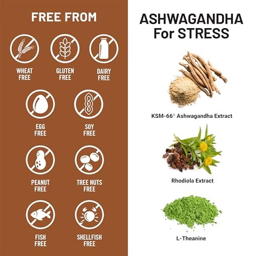 NatureWise Ashwagandha gegen Stress - Mit KSM-66 Extrakt, GABA, L-Theanin, Rhodiola Rosea - Pflanzliche Stimmungs- & Schlafunterstützung - Vegan, Nicht-GVO, Glutenfrei - 60 Kapseln [1-Monatsvorrat]