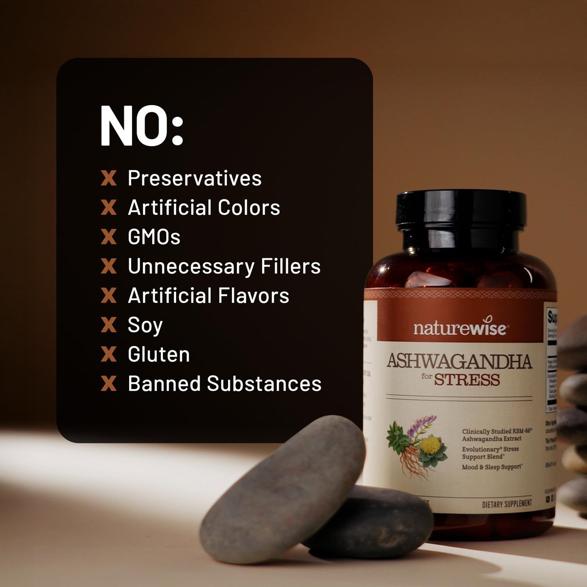 NatureWise Ashwagandha gegen Stress - Mit KSM-66 Extrakt, GABA, L-Theanin, Rhodiola Rosea - Pflanzliche Stimmungs- & Schlafunterstützung - Vegan, Nicht-GVO, Glutenfrei - 60 Kapseln [1-Monatsvorrat]