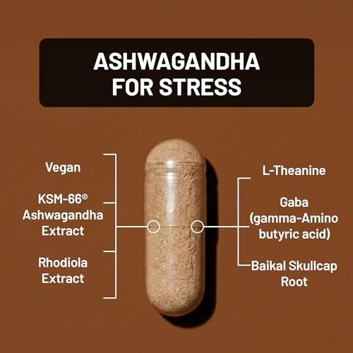 NatureWise Ashwagandha gegen Stress - Mit KSM-66 Extrakt, GABA, L-Theanin, Rhodiola Rosea - Pflanzliche Stimmungs- & Schlafunterstützung - Vegan, Nicht-GVO, Glutenfrei - 60 Kapseln [1-Monatsvorrat]
