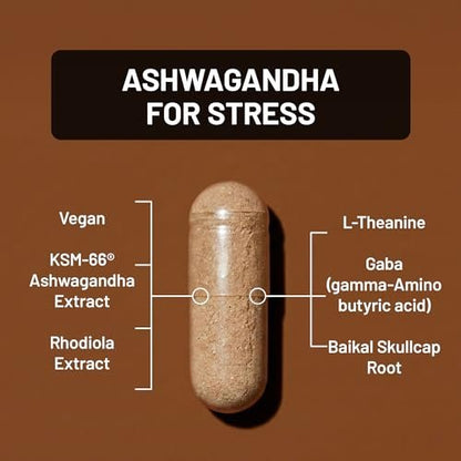NatureWise Ashwagandha gegen Stress - Mit KSM-66 Extrakt, GABA, L-Theanin, Rhodiola Rosea - Pflanzliche Stimmungs- & Schlafunterstützung - Vegan, Nicht-GVO, Glutenfrei - 60 Kapseln [1-Monatsvorrat]