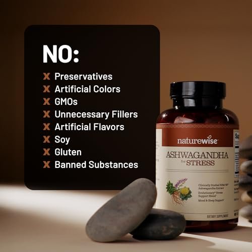 NatureWise Ashwagandha gegen Stress - Mit KSM-66 Extrakt, GABA, L-Theanin, Rhodiola Rosea - Pflanzliche Stimmungs- & Schlafunterstützung - Vegan, Nicht-GVO, Glutenfrei - 60 Kapseln [1-Monatsvorrat]