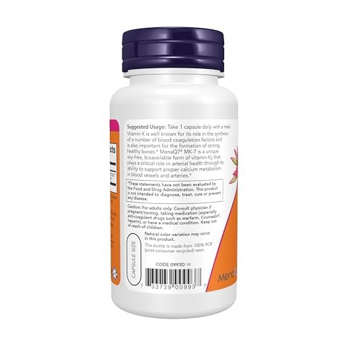 NOW Foods MK-7 Vitamin K-2 100 mcg – Unterstützung für Herz-Kreislauf- und Knochengesundheit, 120 vegane Kapseln