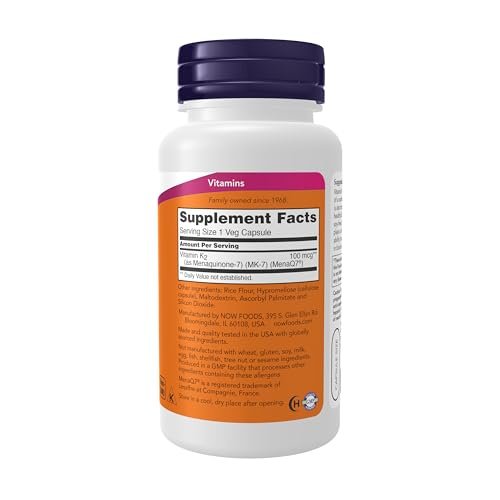 NOW Foods MK-7 Vitamin K-2 100 mcg – Unterstützung für Herz-Kreislauf- und Knochengesundheit, 120 vegane Kapseln