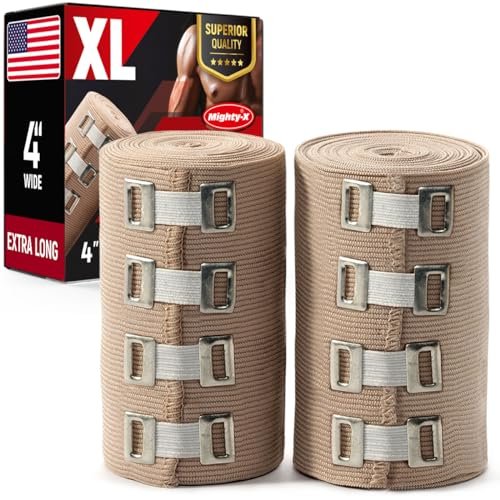 Mighty-X Premium Elastische Binde Wickel - 2er Pack + 4 Extra Clips - 10 cm Breit - Extra Lang - 2,7 m Ungedehnt - Kompressionsbinde für Knie, Ellenbogen, Körper