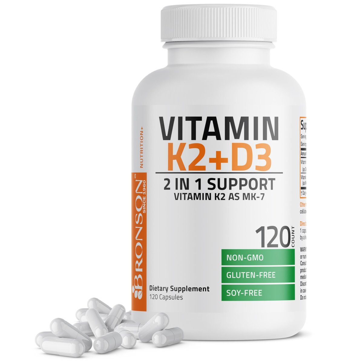 Bronson Vitamin K2 (MK7) mit D3 – 5000 IE Vitamin D3 & 90 mcg K2 MK-7 – 120 Kapseln, Non-GMO, leicht zu schlucken