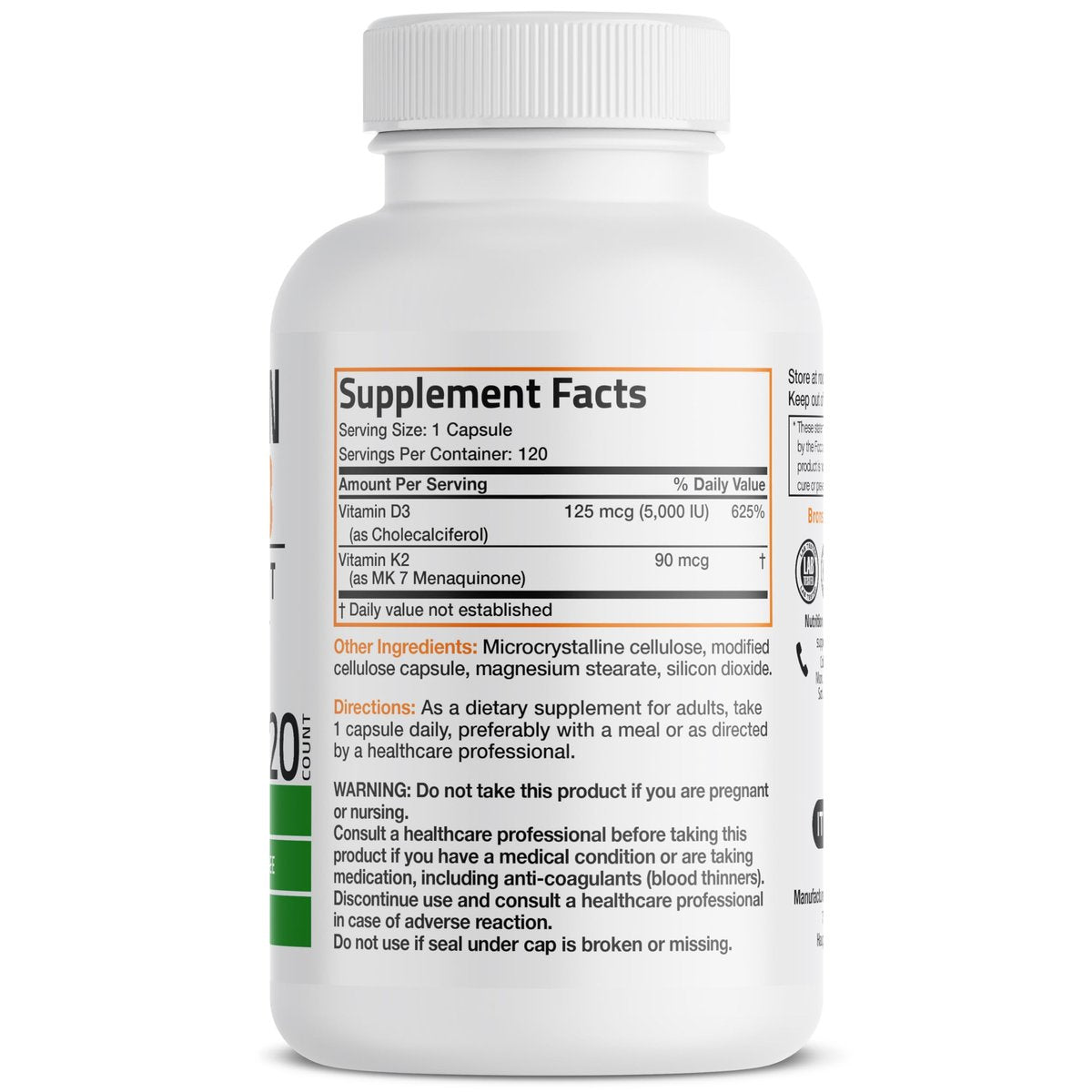 Bronson Vitamin K2 (MK7) mit D3 – 5000 IE Vitamin D3 & 90 mcg K2 MK-7 – 120 Kapseln, Non-GMO, leicht zu schlucken