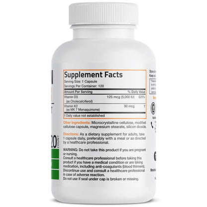 Bronson Vitamin K2 (MK7) mit D3 – 5000 IE Vitamin D3 & 90 mcg K2 MK-7 – 120 Kapseln, Non-GMO, leicht zu schlucken