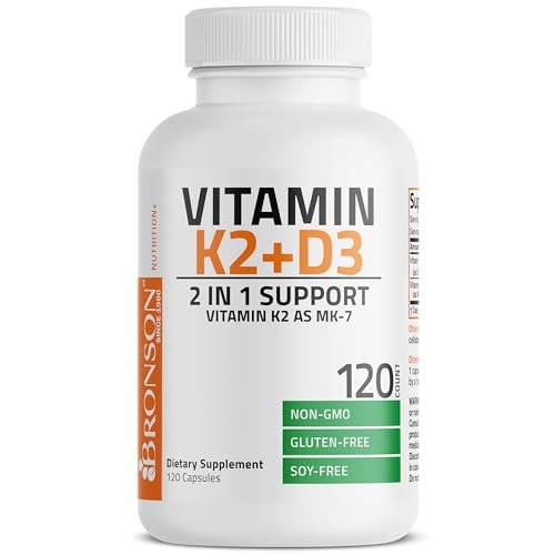 Bronson Vitamin K2 (MK7) mit D3 – 5000 IE Vitamin D3 & 90 mcg K2 MK-7 – 120 Kapseln, Non-GMO, leicht zu schlucken
