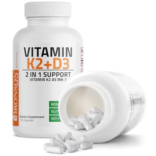 Bronson Vitamin K2 (MK7) mit D3 – 5000 IE Vitamin D3 & 90 mcg K2 MK-7 – 120 Kapseln, Non-GMO, leicht zu schlucken