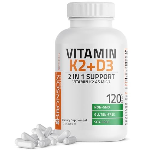 Bronson Vitamin K2 (MK7) mit D3 – 5000 IE Vitamin D3 & 90 mcg K2 MK-7 – 120 Kapseln, Non-GMO, leicht zu schlucken