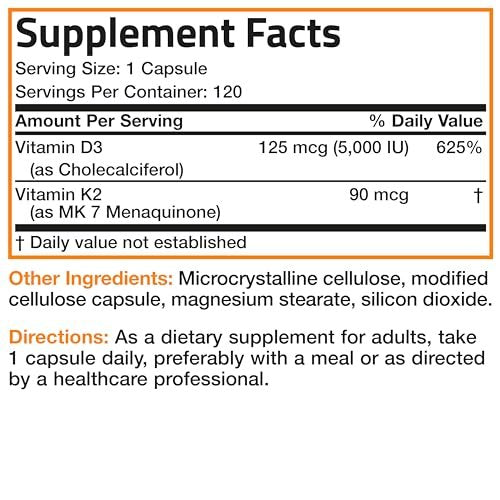 Bronson Vitamin K2 (MK7) mit D3 – 5000 IE Vitamin D3 & 90 mcg K2 MK-7 – 120 Kapseln, Non-GMO, leicht zu schlucken
