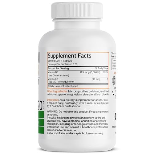 Bronson Vitamin K2 (MK7) mit D3 – 5000 IE Vitamin D3 & 90 mcg K2 MK-7 – 120 Kapseln, Non-GMO, leicht zu schlucken