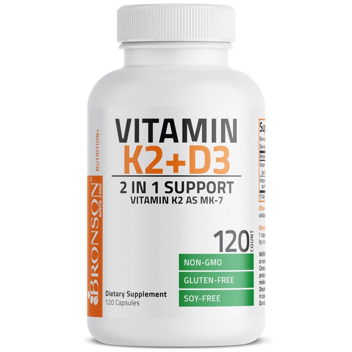 Bronson Vitamin K2 (MK7) mit D3 – 5000 IE Vitamin D3 & 90 mcg K2 MK-7 – 120 Kapseln, Non-GMO, leicht zu schlucken