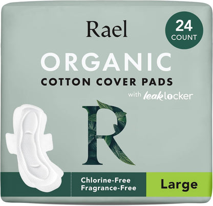 Rael Damenbinden mit Flügeln, Bio-Baumwollbezug, schwere Saugfähigkeit, unparfümiert, Größe Large, 24 Stück