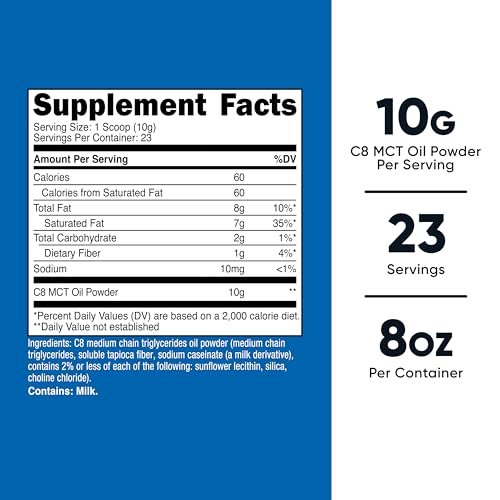 Nutricost C8 MCT Ölpulver – 23 Portionen (227 g) – 95 % C8 MCT Öl – Keton-Booster für Keto-Diät