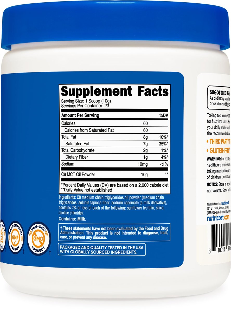 Nutricost C8 MCT Ölpulver – 23 Portionen (227 g) – 95 % C8 MCT Öl – Keton-Booster für Keto-Diät