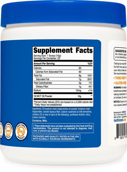 Nutricost C8 MCT Ölpulver – 23 Portionen (227 g) – 95 % C8 MCT Öl – Keton-Booster für Keto-Diät