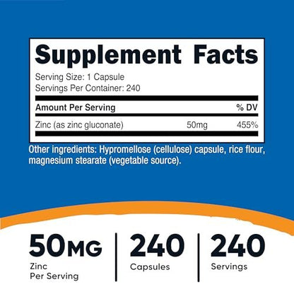 Nutricost Zinkgluconat 240 Kapseln (50 mg) – Glutenfrei und Nicht-GVO
