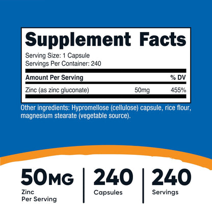 Nutricost Zinkgluconat 240 Kapseln (50 mg) – Glutenfrei und Nicht-GVO