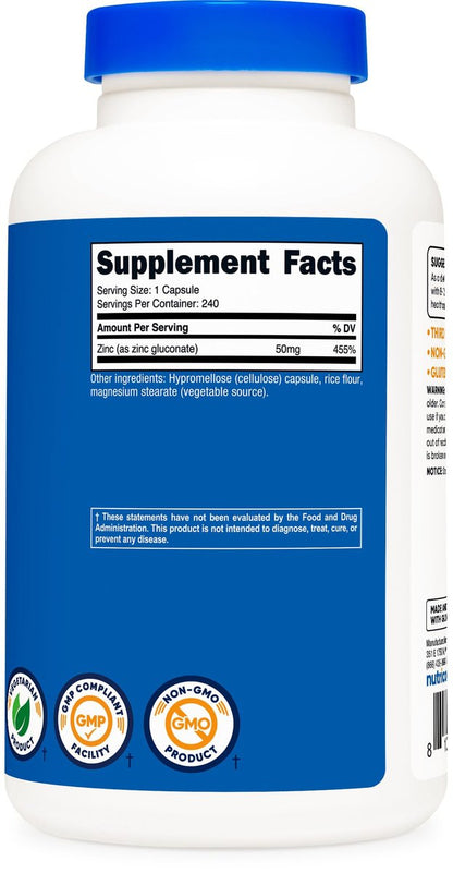 Nutricost Zinkgluconat 240 Kapseln (50 mg) – Glutenfrei und Nicht-GVO