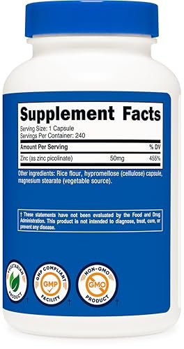 Nutricost Zinkpicolinat 50 mg, 240 vegetarische Kapseln – Glutenfrei und Nicht-GVO